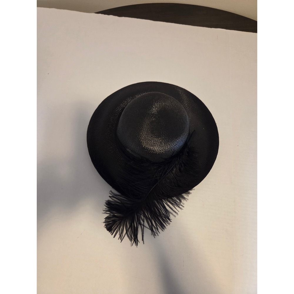 Michael Howard Vintage Black Straw Wide Brim Hat with Feather Made in USA